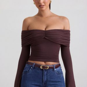 Modal-Cashmere Blend Off-Shoulder Ruched Top in Espresso