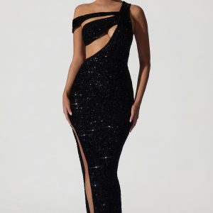 Embellished Asymmetric Cut-Out Gown in Black