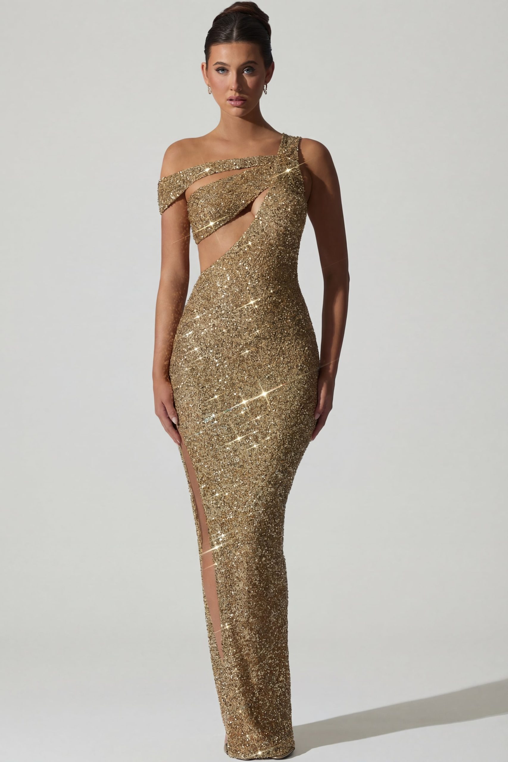 Embellished Asymmetric Cut-Out Gown in Gold - Image 7