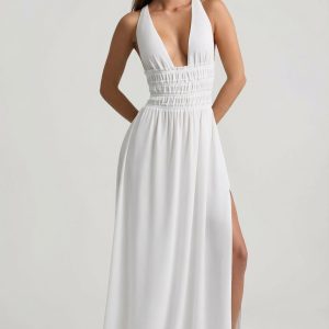 Plunge Cross-Back Maxi Dress in White