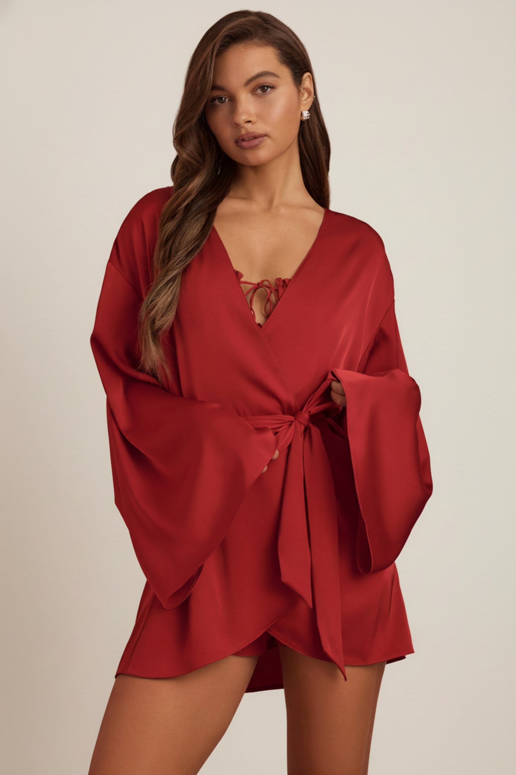 Embellished Loose-Fit Wrap-Over Robe in Ruby Red - Image 5