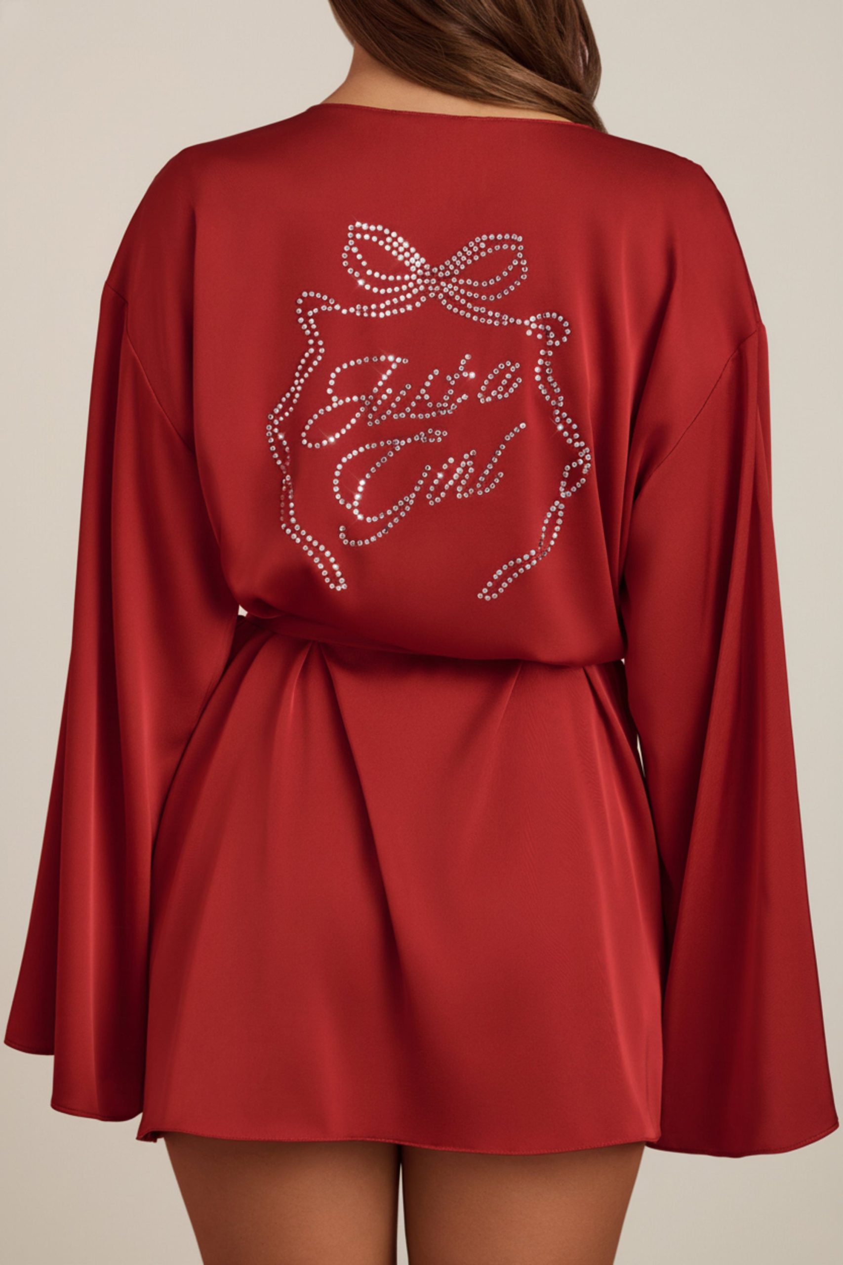 Embellished Loose-Fit Wrap-Over Robe in Ruby Red - Image 2