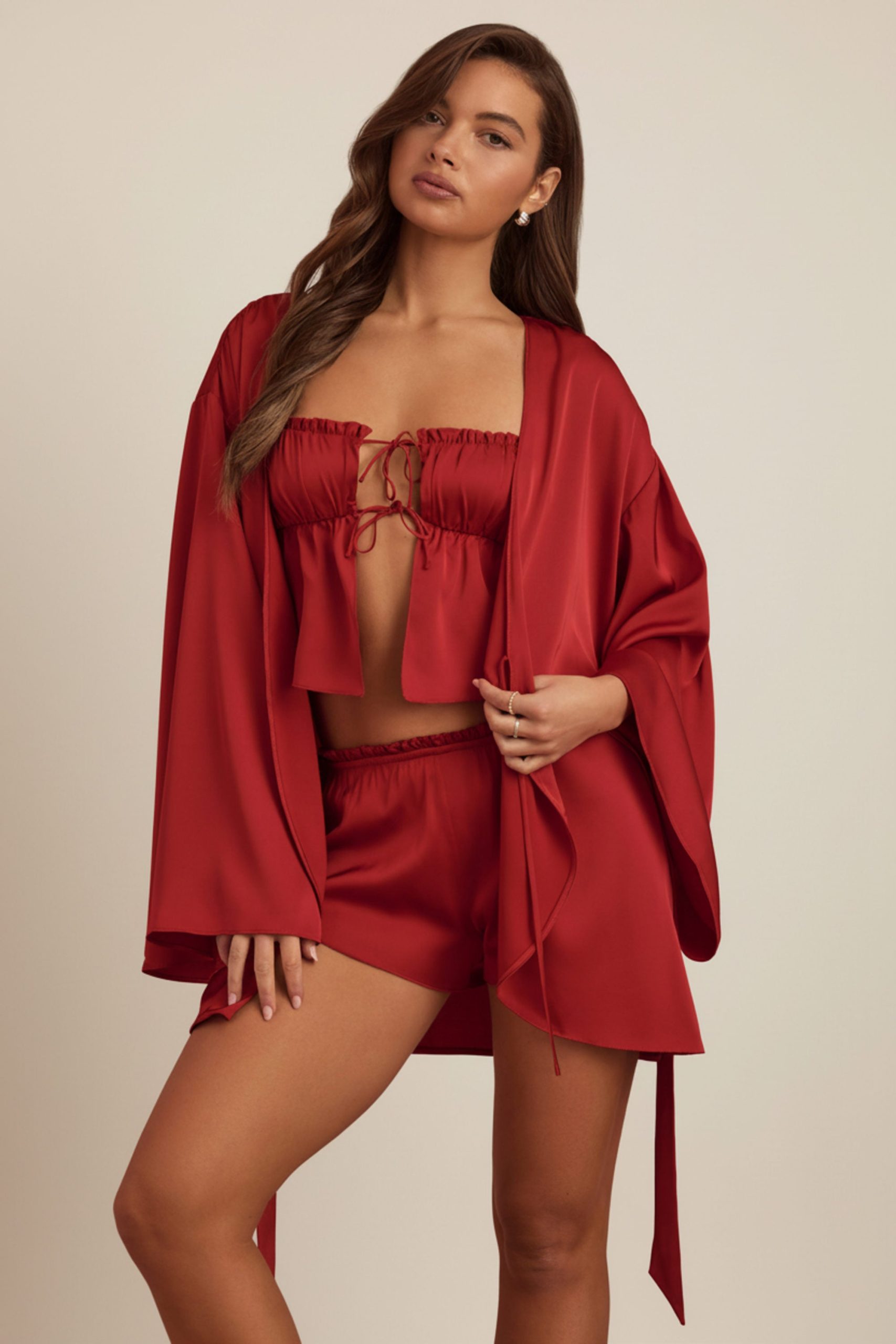 Embellished Loose-Fit Wrap-Over Robe in Ruby Red - Image 6