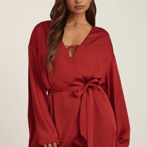 Embellished Loose-Fit Wrap-Over Robe in Ruby Red