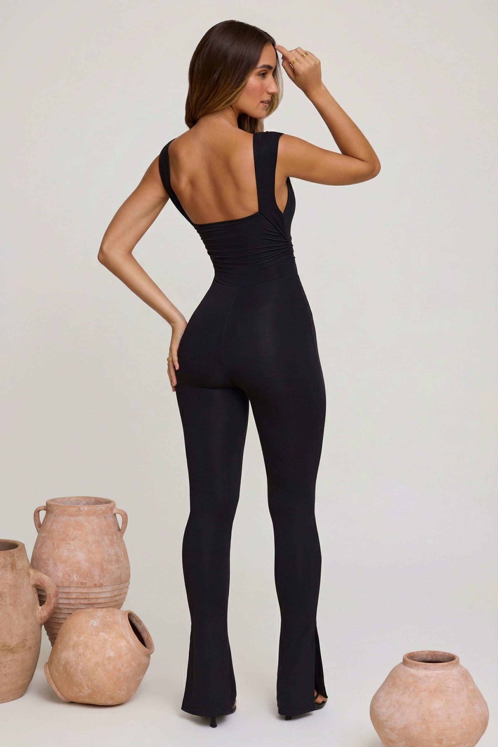 Plunge Neck Ruched Waist Jumpsuit in Black - Image 2