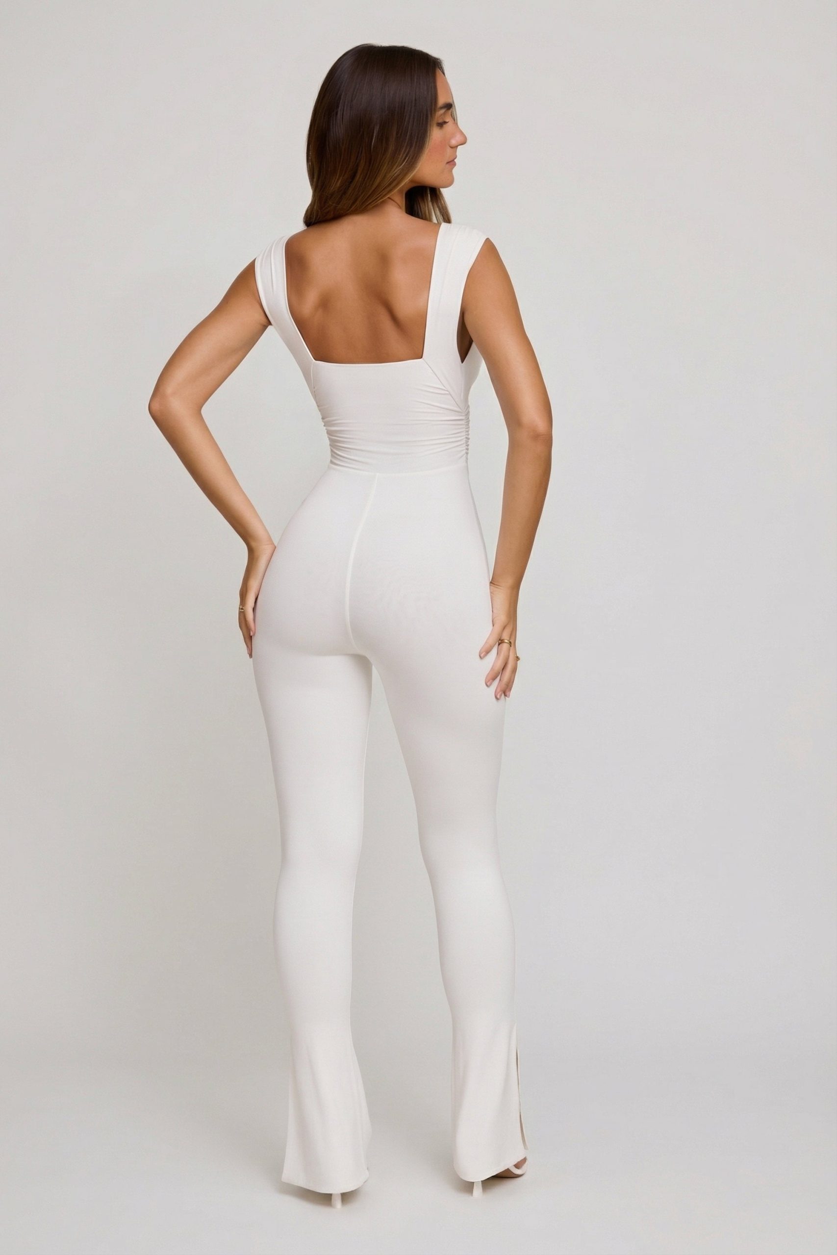 Plunge Neck Ruched Waist Jumpsuit in White - Image 2