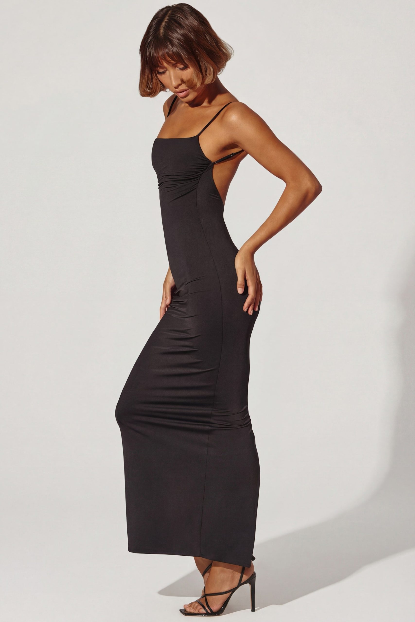 Ruched Bodycon Maxi Dress in Black - Image 4