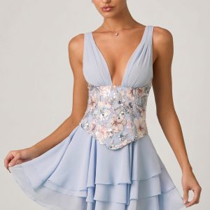 Embellished Ruffled Corset Mini Dress in Floral Blue