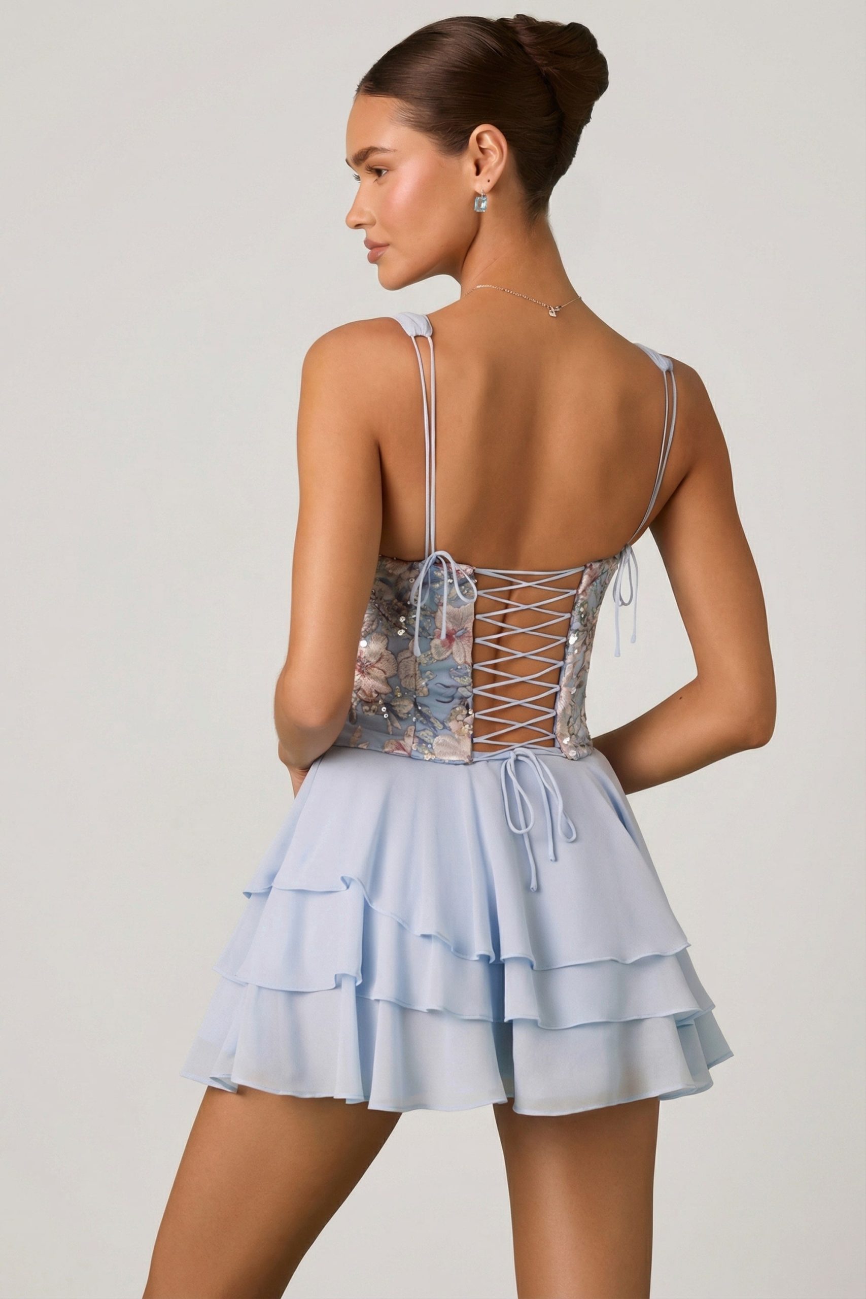 Embellished Ruffled Corset Mini Dress in Floral Blue - Image 2