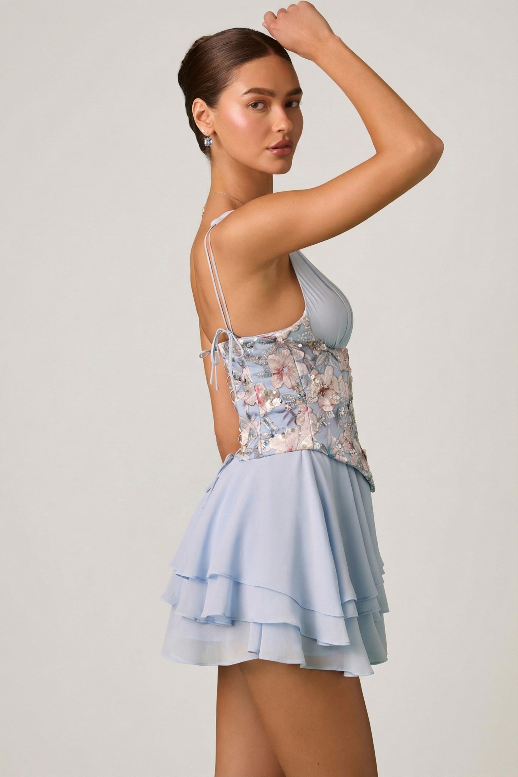 Embellished Ruffled Corset Mini Dress in Floral Blue - Image 5