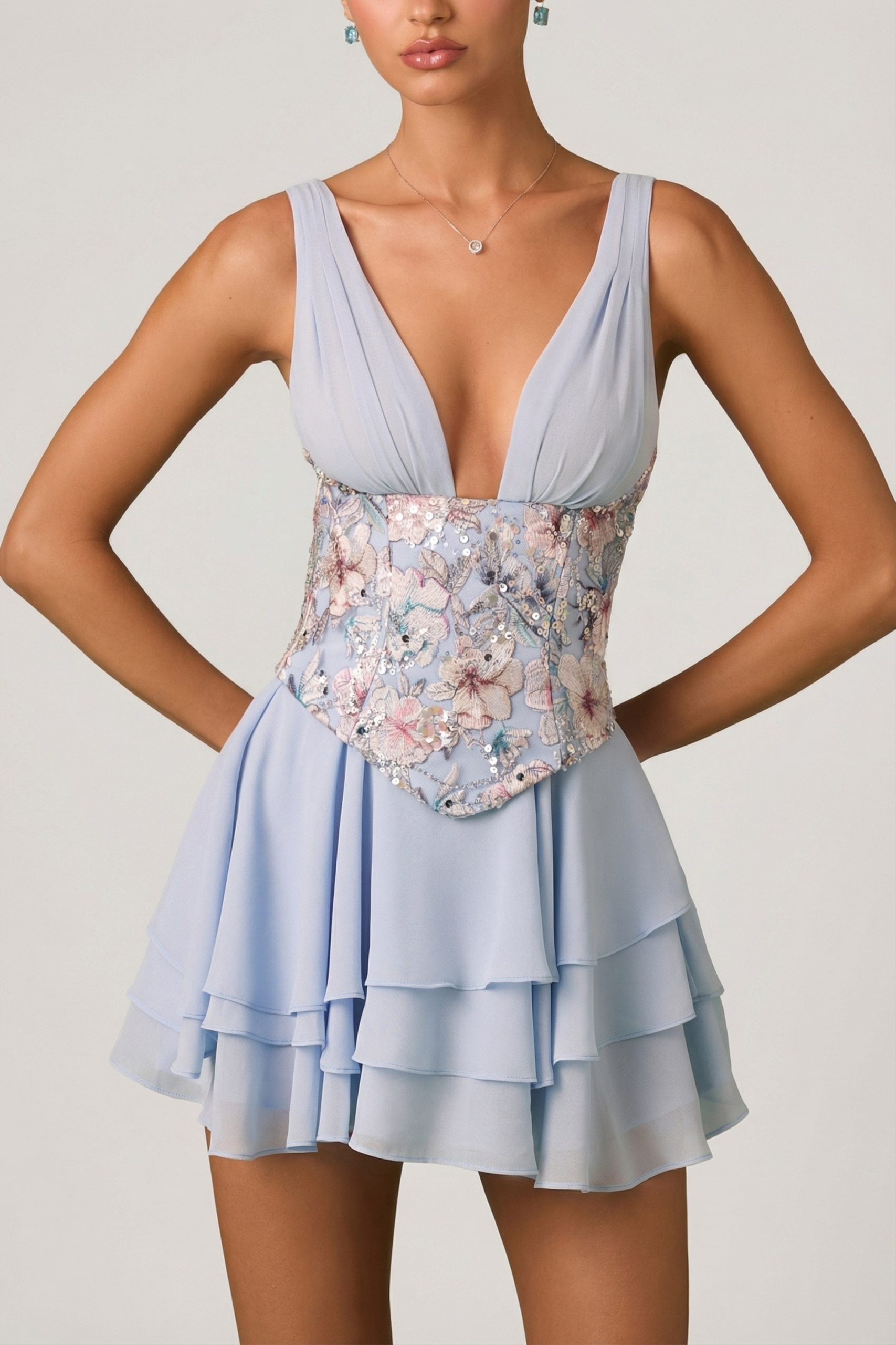Embellished Ruffled Corset Mini Dress in Floral Blue - Image 3