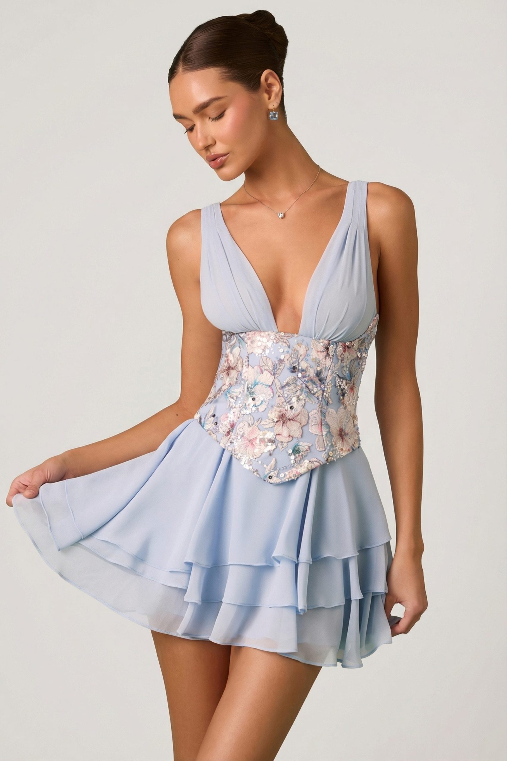 Embellished Ruffled Corset Mini Dress in Floral Blue - Image 6