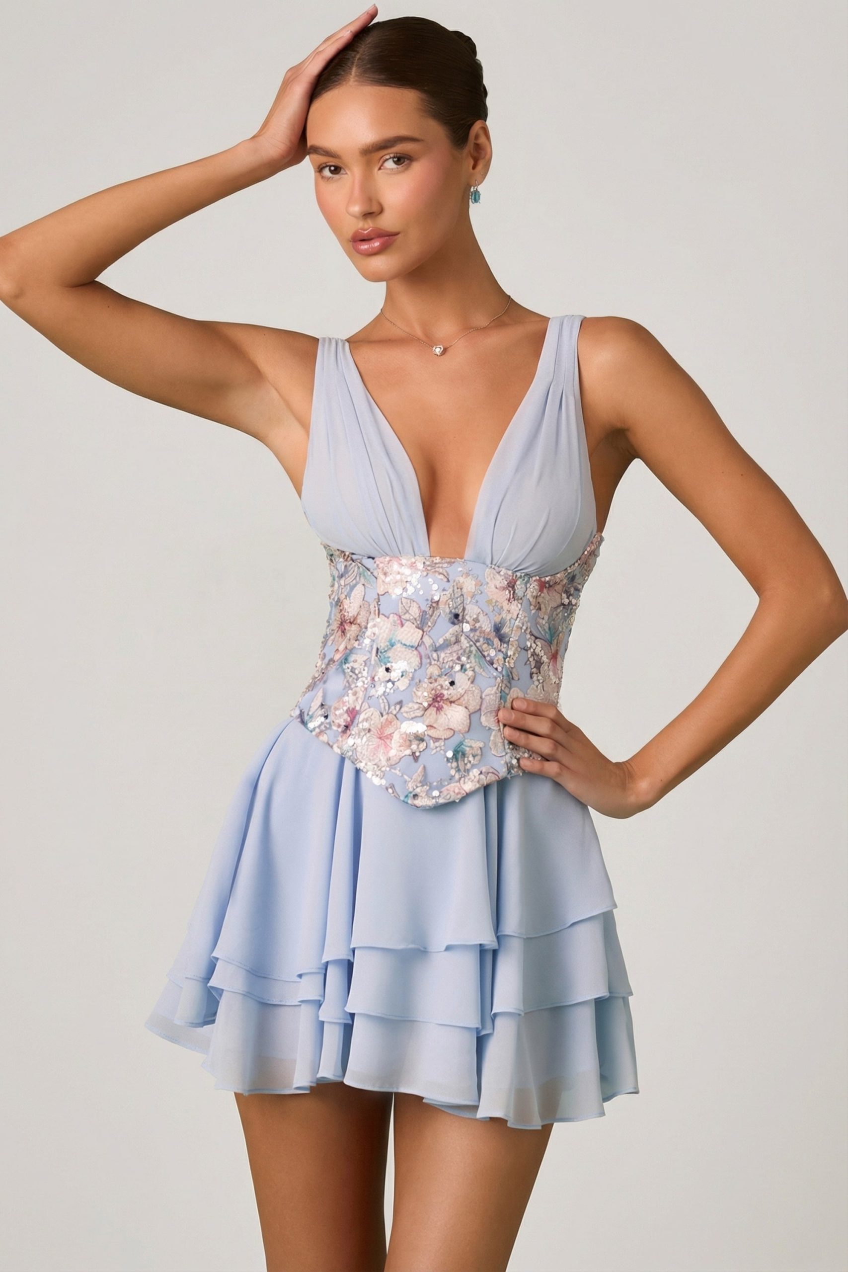 Embellished Ruffled Corset Mini Dress in Floral Blue - Image 7