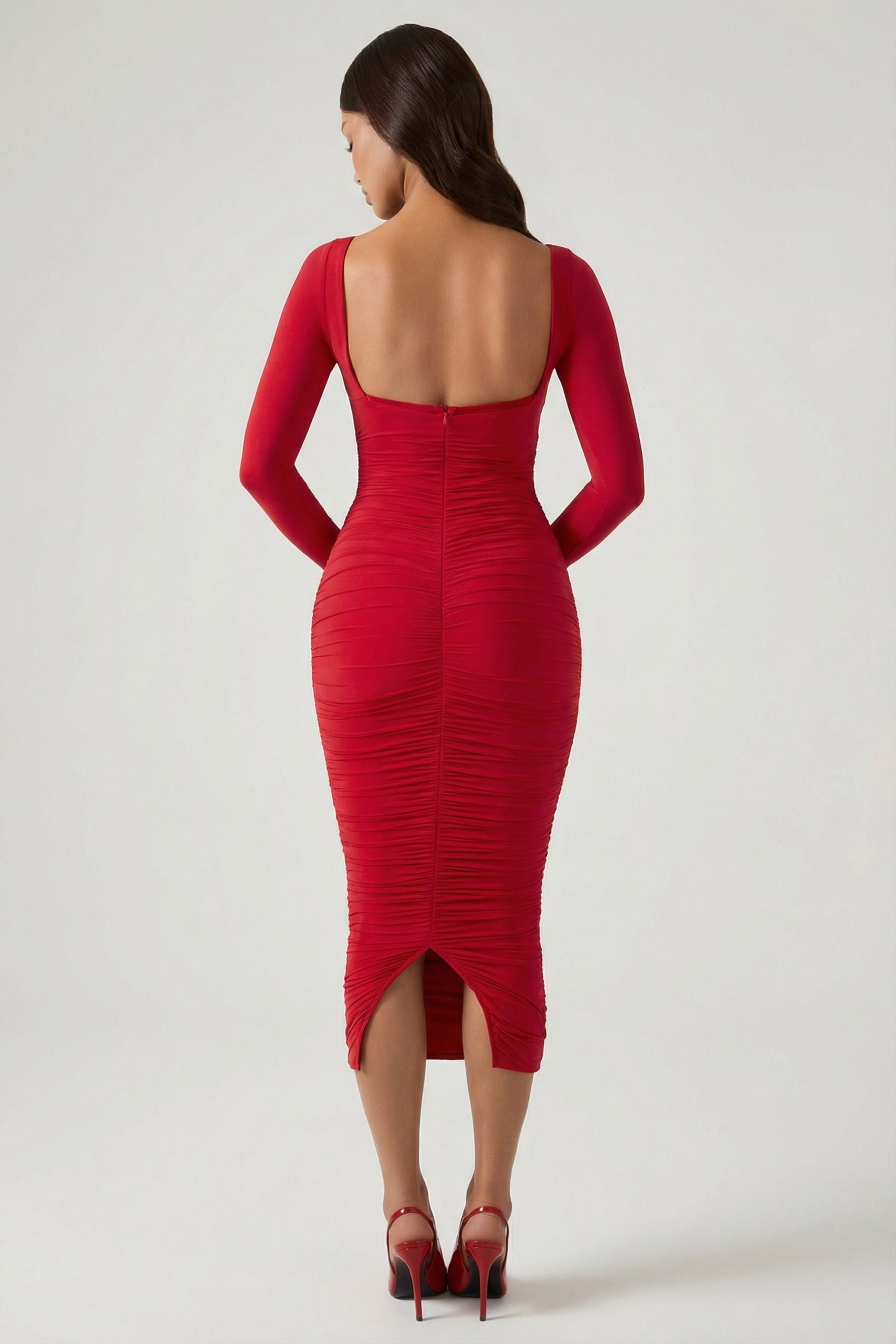 Layered Bra-Detail Ruched Midaxi Dress in Red - Image 2