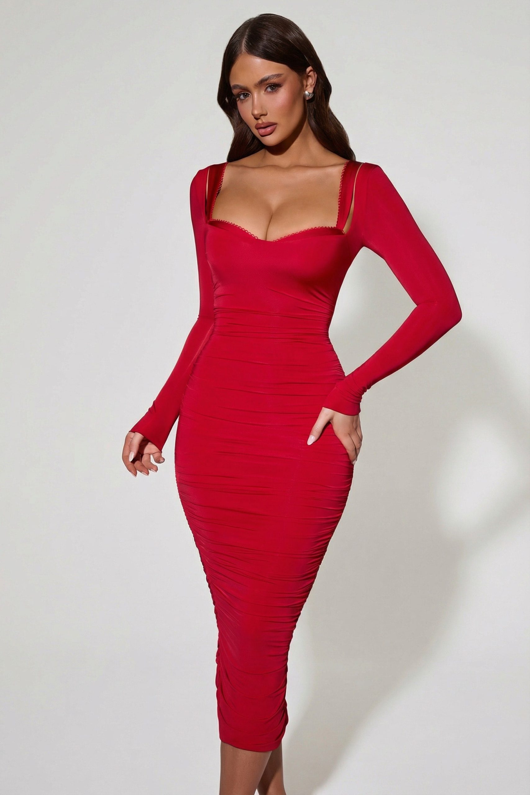 Layered Bra-Detail Ruched Midaxi Dress in Red - Image 7