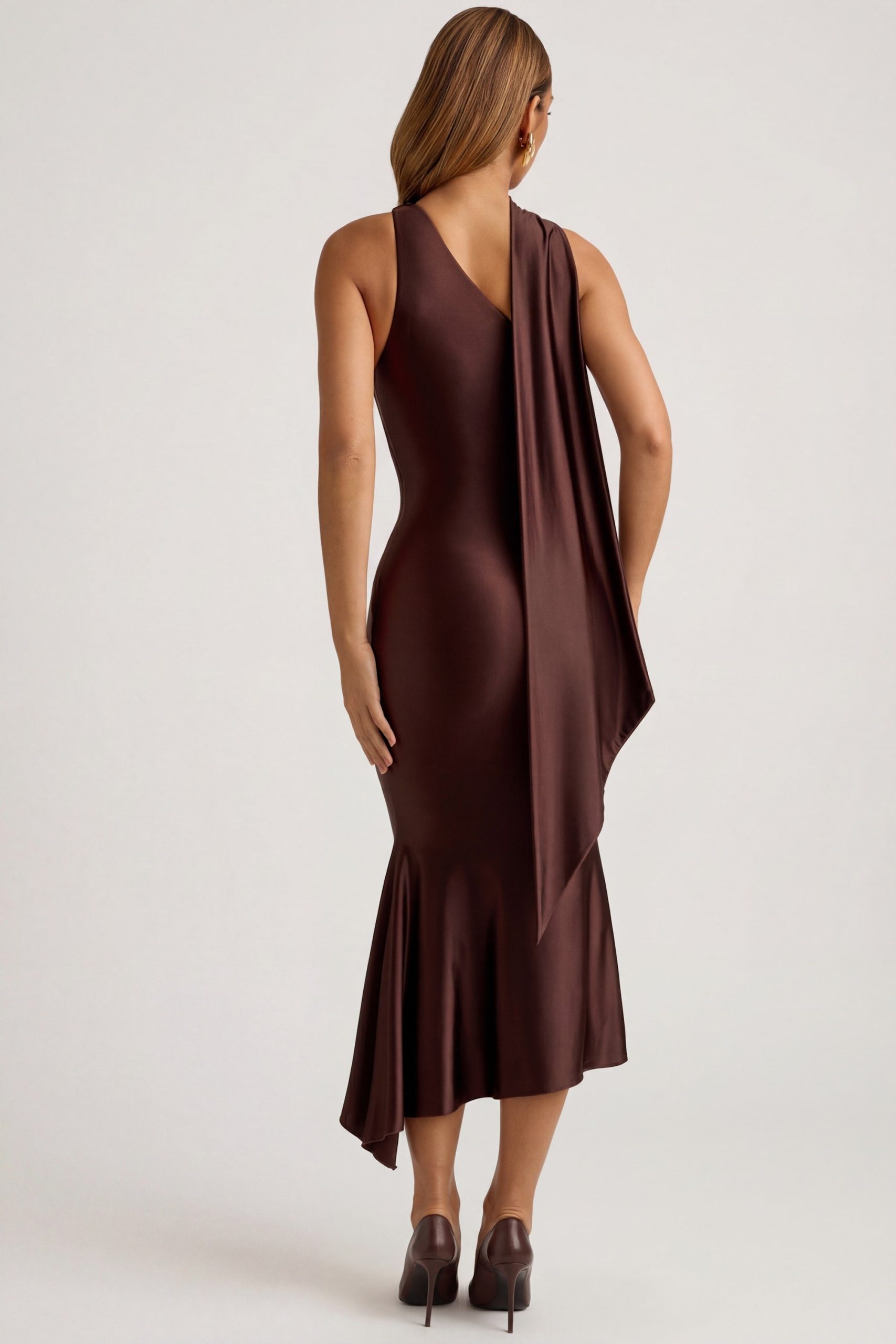 Asymmetric Scarf-Detail Midaxi Dress in Chocolate Brown - Image 3