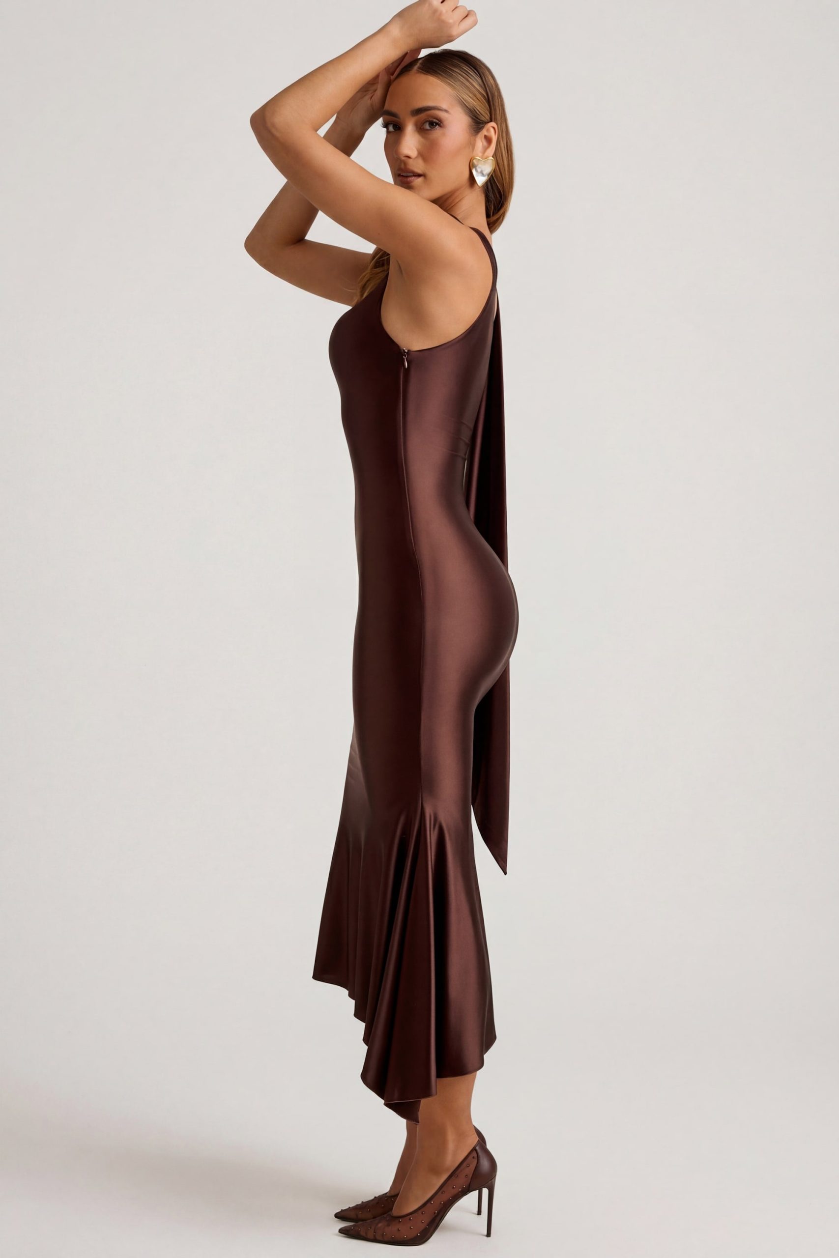 Asymmetric Scarf-Detail Midaxi Dress in Chocolate Brown - Image 4