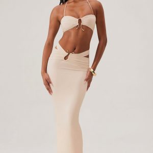 Ruched Waist Hardware Detail Maxi Skirt in Ivory