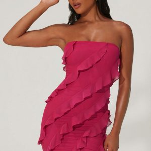 Bandeau Ruffle Detail Mini Dress in Fuchsia