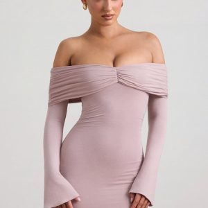Modal-Cashmere Blend Off-Shoulder Ruched Mini Dress in Taupe
