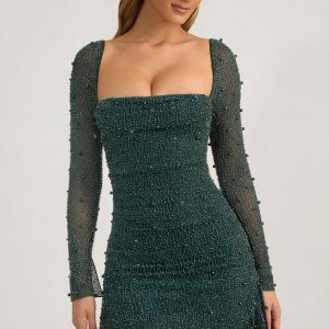 Embellished Cowl-Neck Draped Mini Dress in Emerald Green
