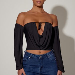 Off-Shoulder Draped Balloon-Sleeve Top in Black