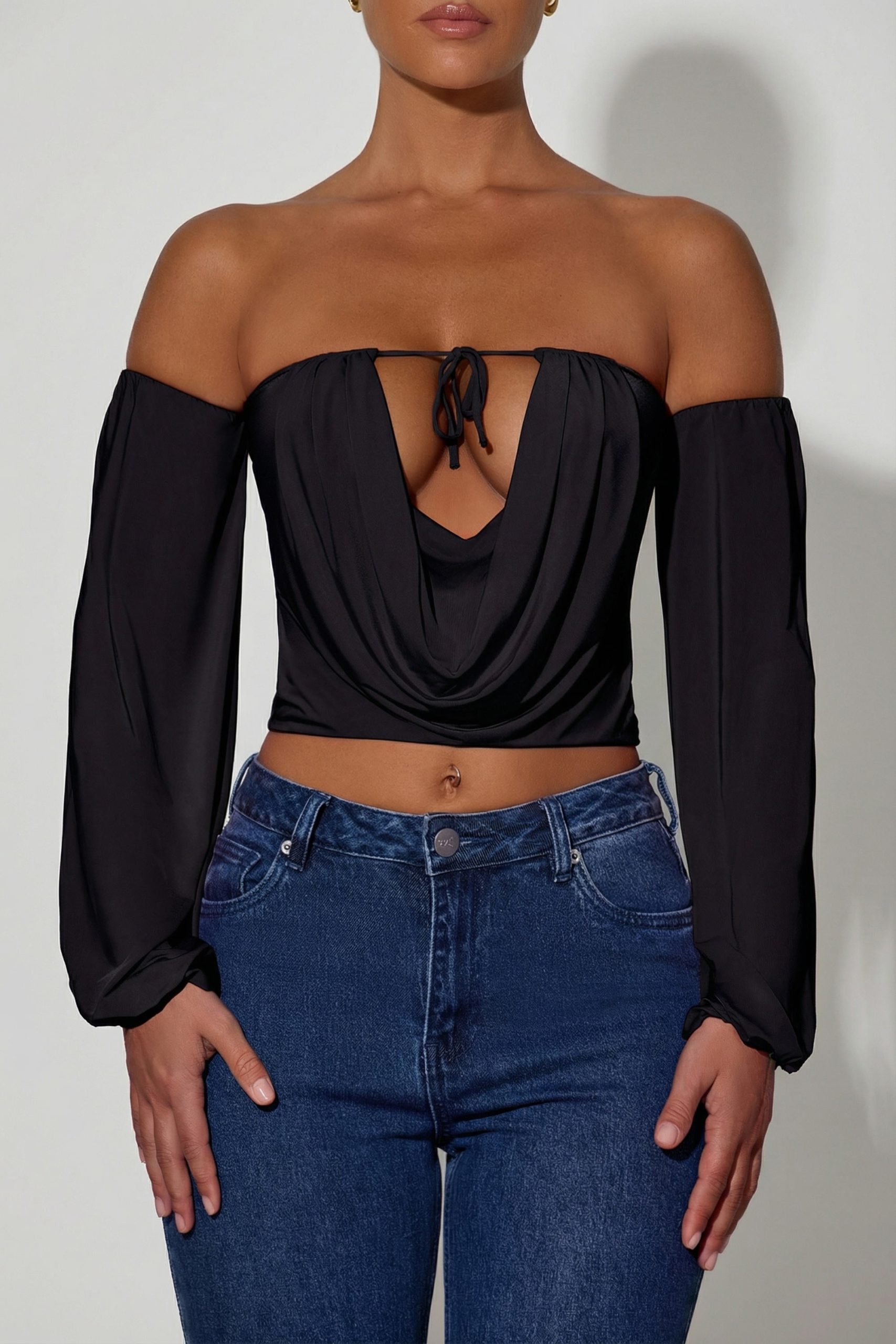 Off-Shoulder Draped Balloon-Sleeve Top in Black - Image 4