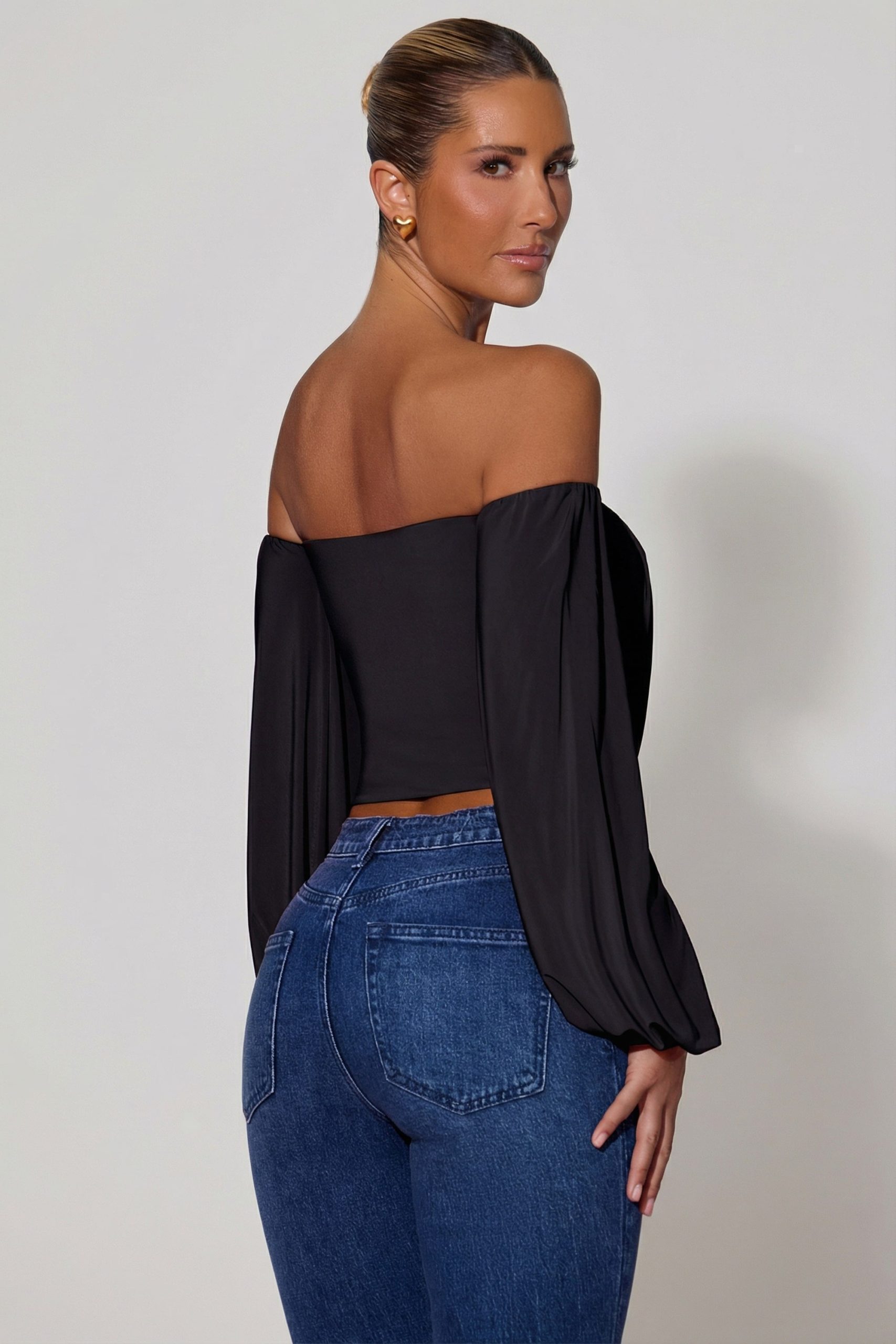 Off-Shoulder Draped Balloon-Sleeve Top in Black - Image 5