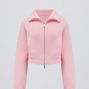 Ribbed Knit Zip-Up Cropped Sweatshirt in Pale Pink