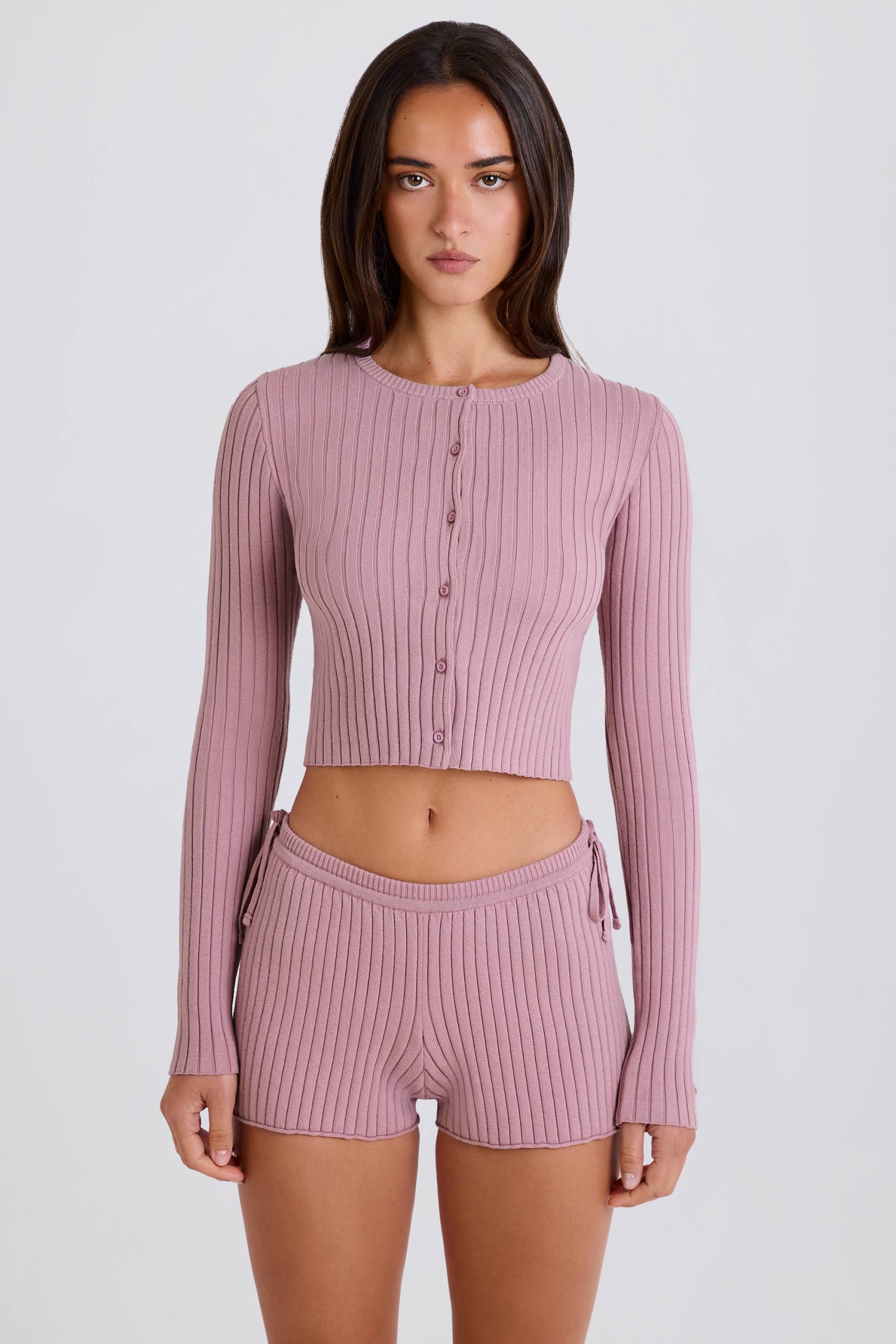 Ribbed Knit Tie Mini Shorts in Mauve - Image 4
