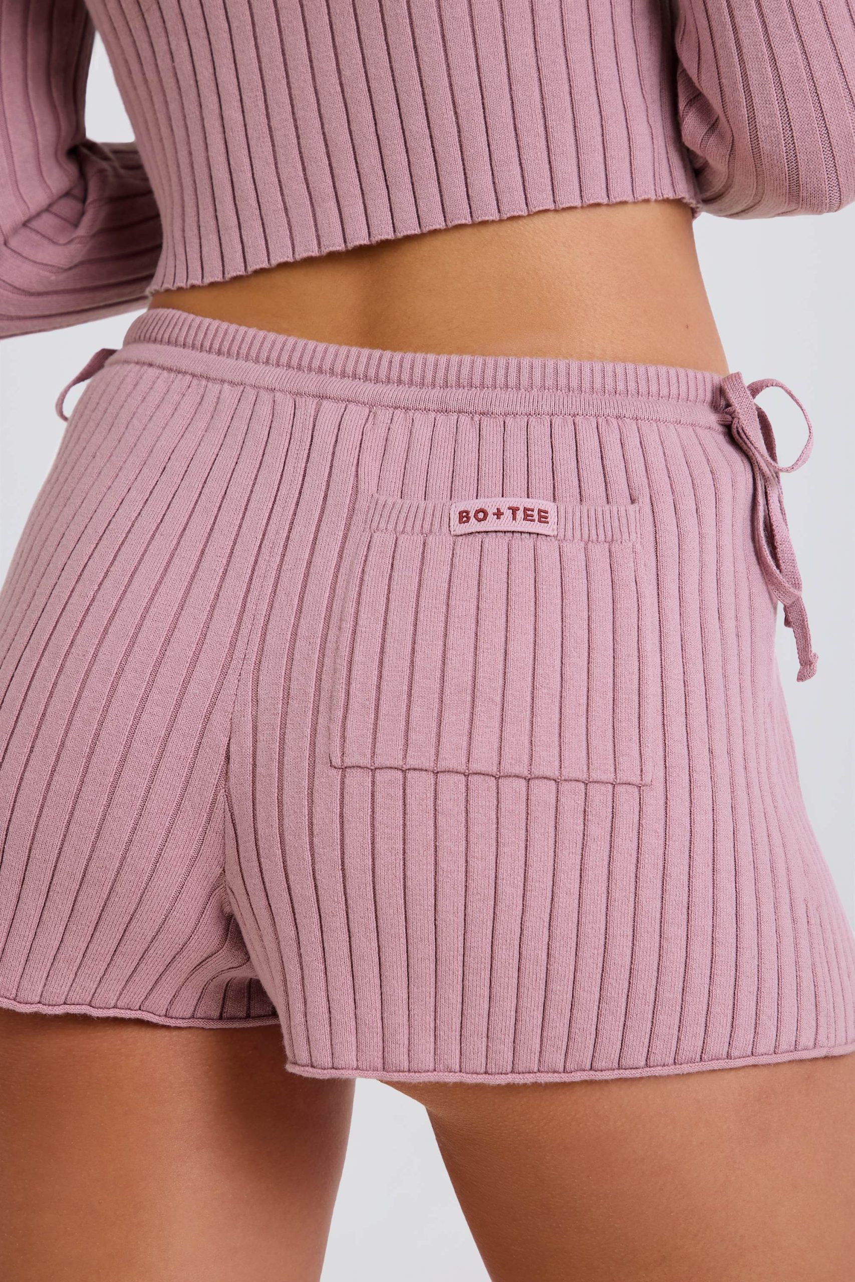 Ribbed Knit Tie Mini Shorts in Mauve - Image 5