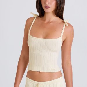 Ribbed Knit Tie Tank Top in Cream