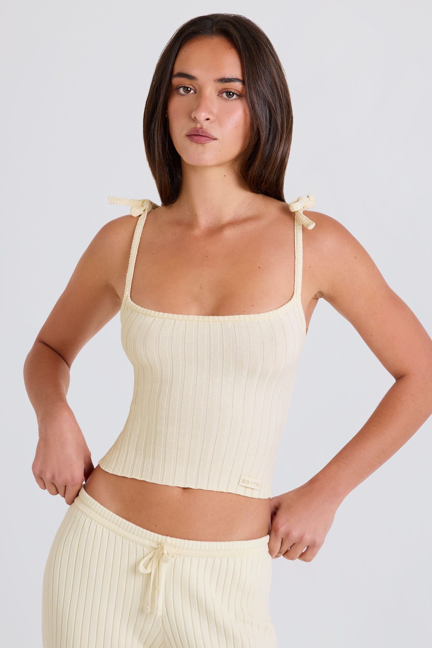 Ribbed Knit Tie Tank Top in Cream - Image 6