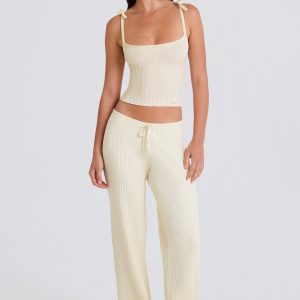 Ribbed Knit Wide-Leg Joggers in Cream
