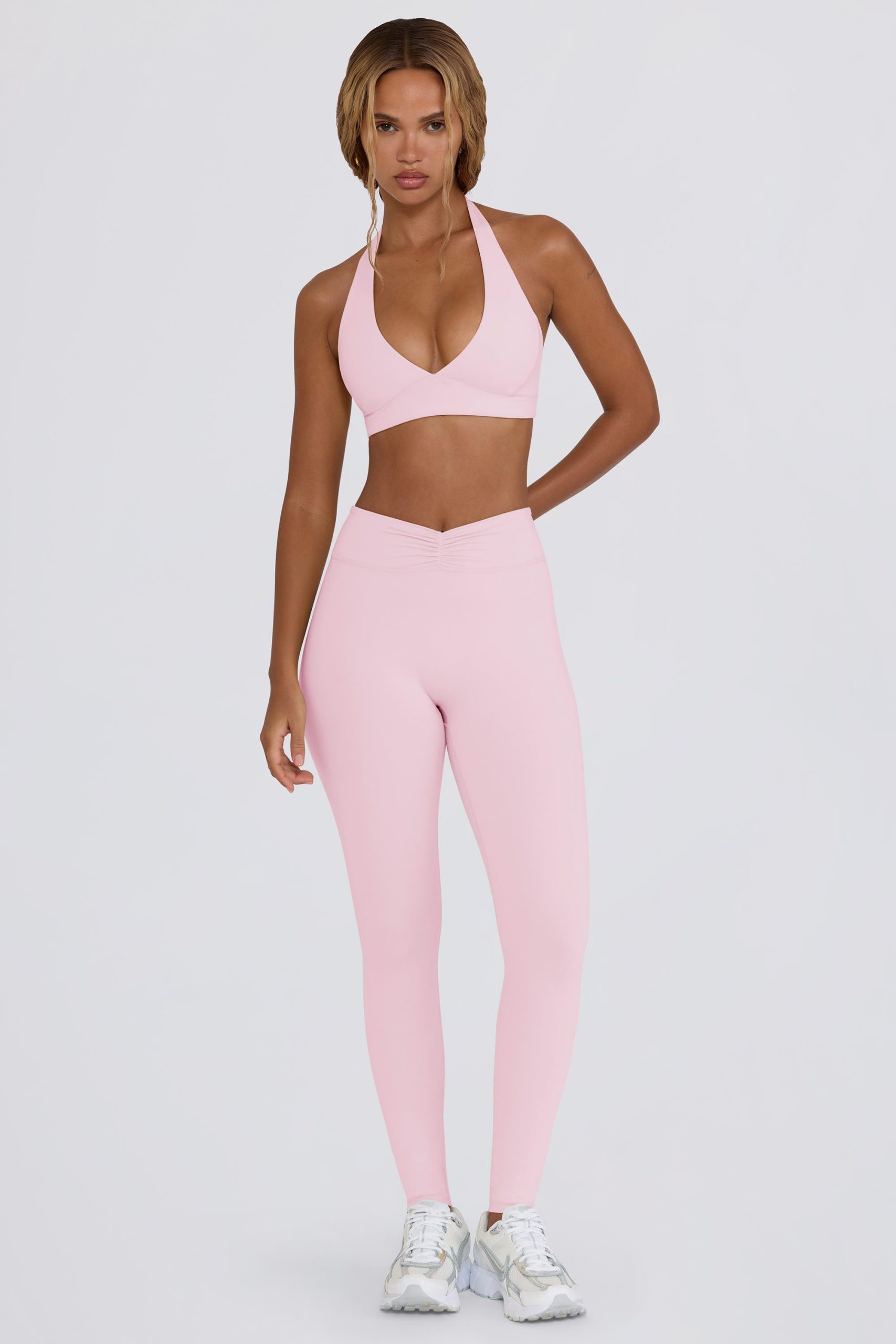 Brushed Jersey Ruched Mid-Rise Leggings in Pale Pink Marl - Image 2