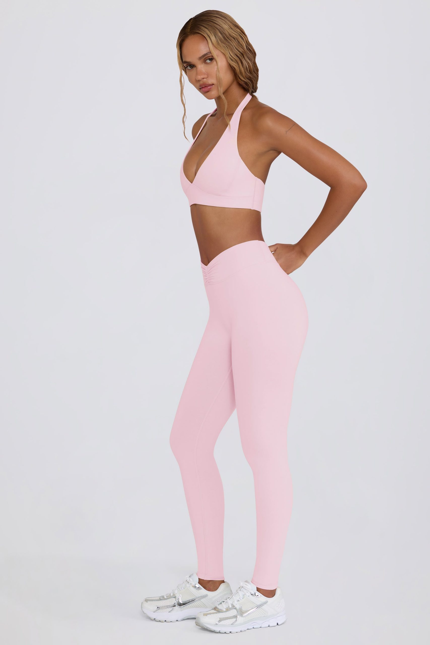 Brushed Jersey Ruched Mid-Rise Leggings in Pale Pink Marl - Image 3