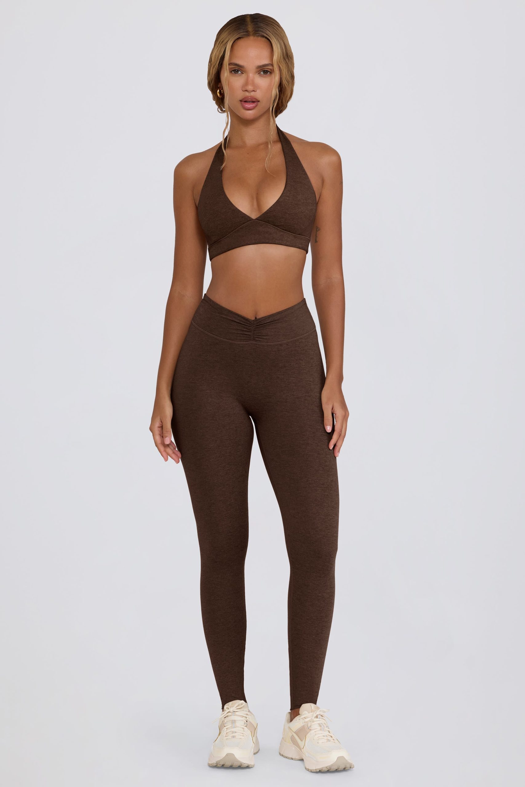 Brushed Jersey Ruched Mid-Rise Leggings in Pecan Marl - Image 2