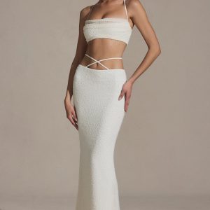 Embellished Strappy Maxi Skirt in White