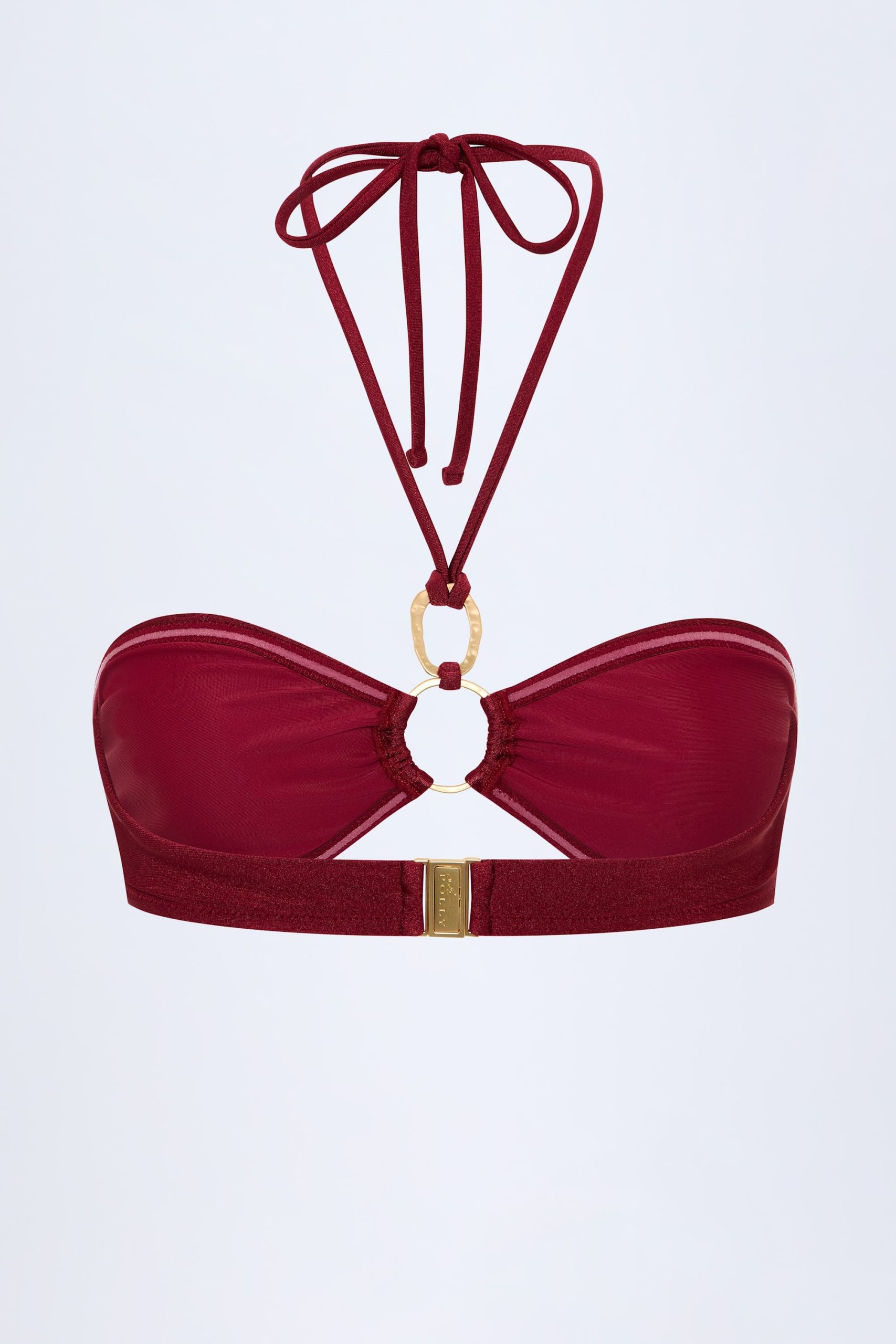 Hardware-Detail Ruched Halterneck Bikini Top in Dark Cherry - Image 4