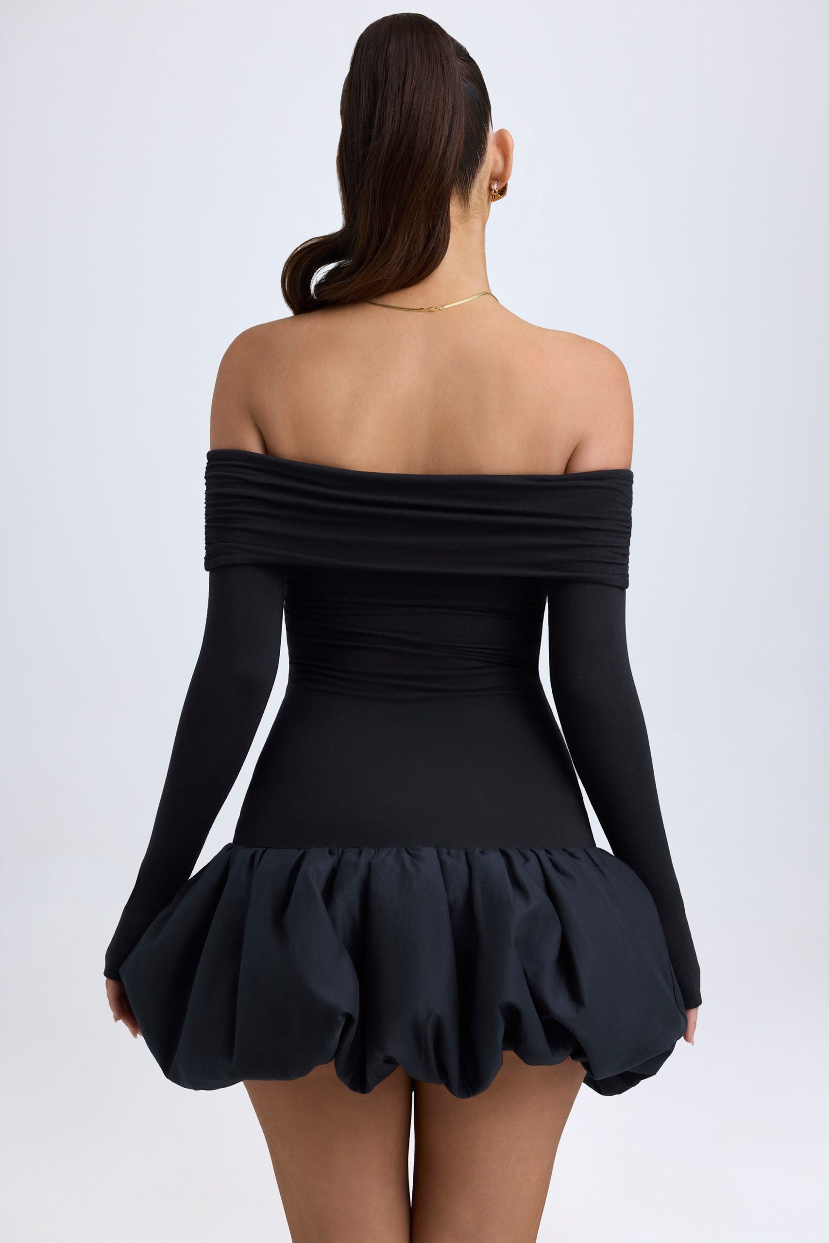 Modal Off-Shoulder Bubble Hem Mini Dress in Black - Image 2