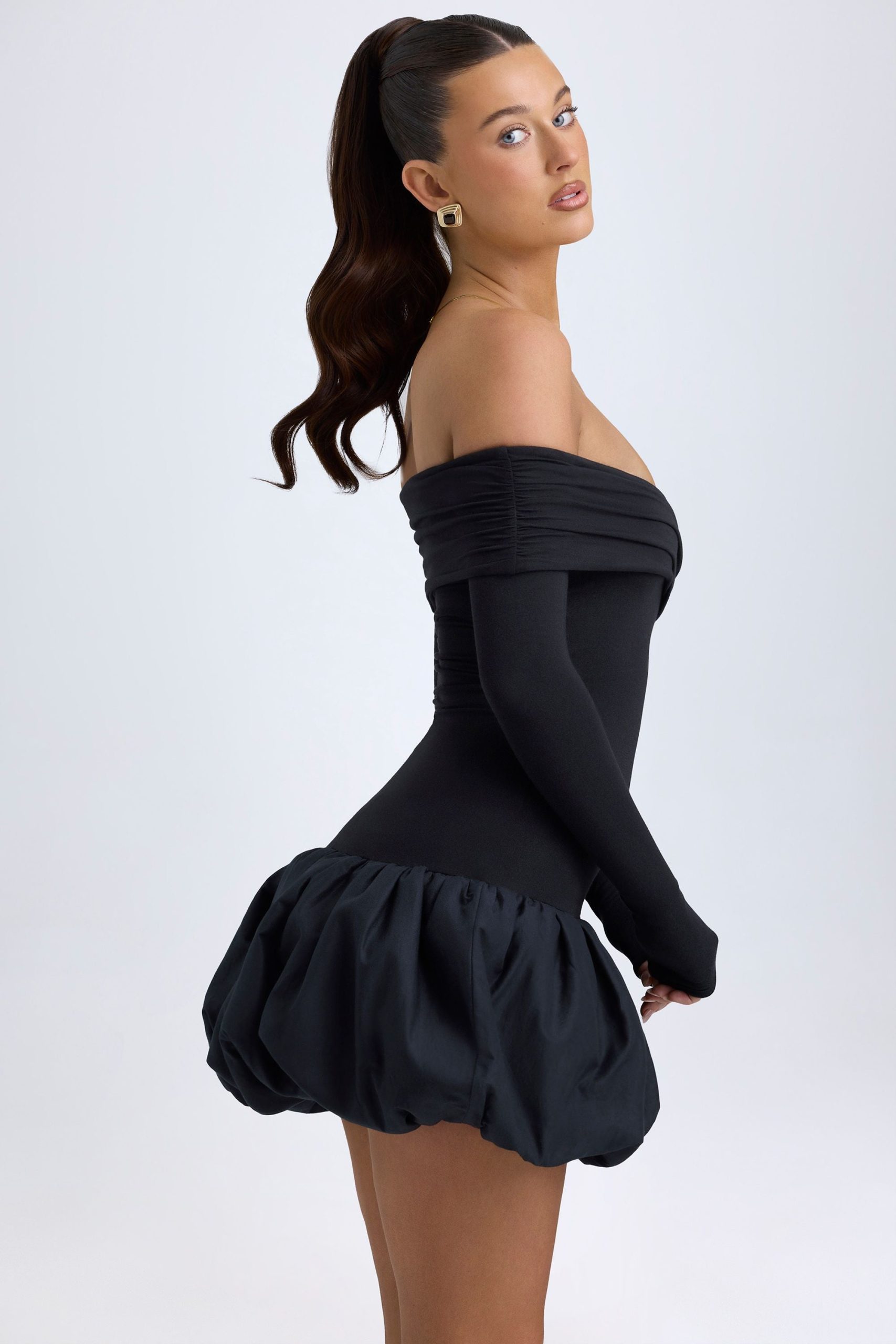 Modal Off-Shoulder Bubble Hem Mini Dress in Black - Image 3