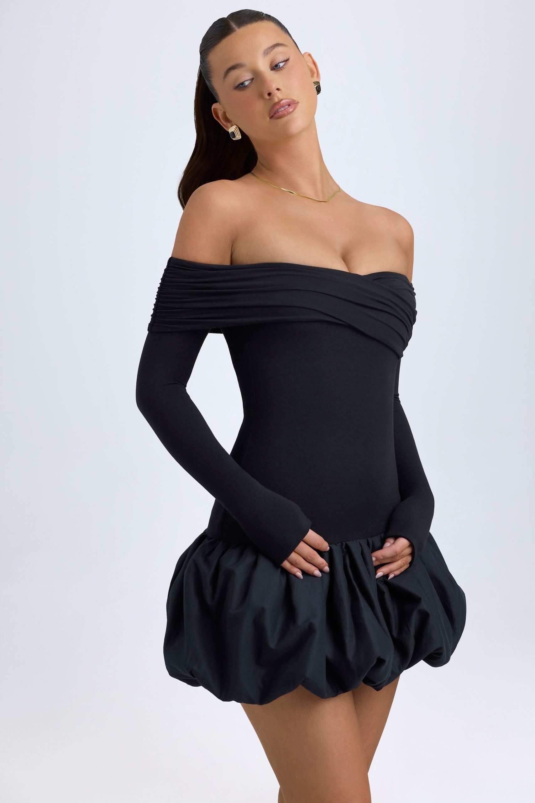 Modal Off-Shoulder Bubble Hem Mini Dress in Black - Image 7