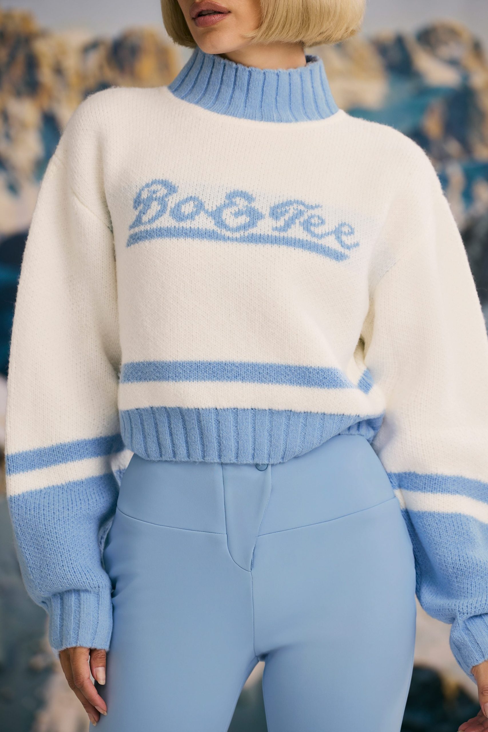 Cropped Chunky-Knit Turtleneck Jumper in Ice Blue - Image 4