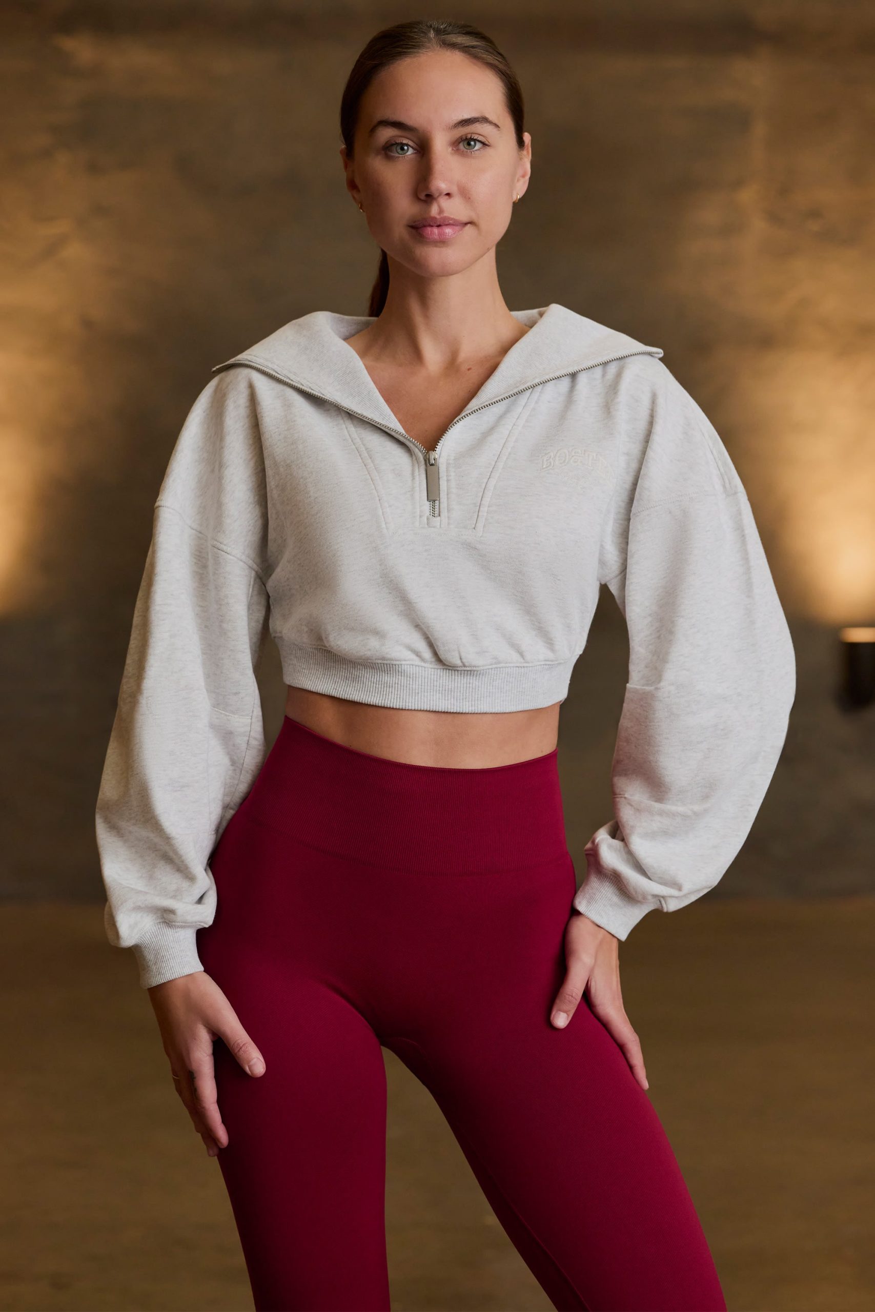 Quarter-Zip Cropped Sweatshirt in Grey Marl - Image 2