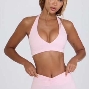 Brushed Jersey V-Neck Sports Bra in Pale Pink Marl