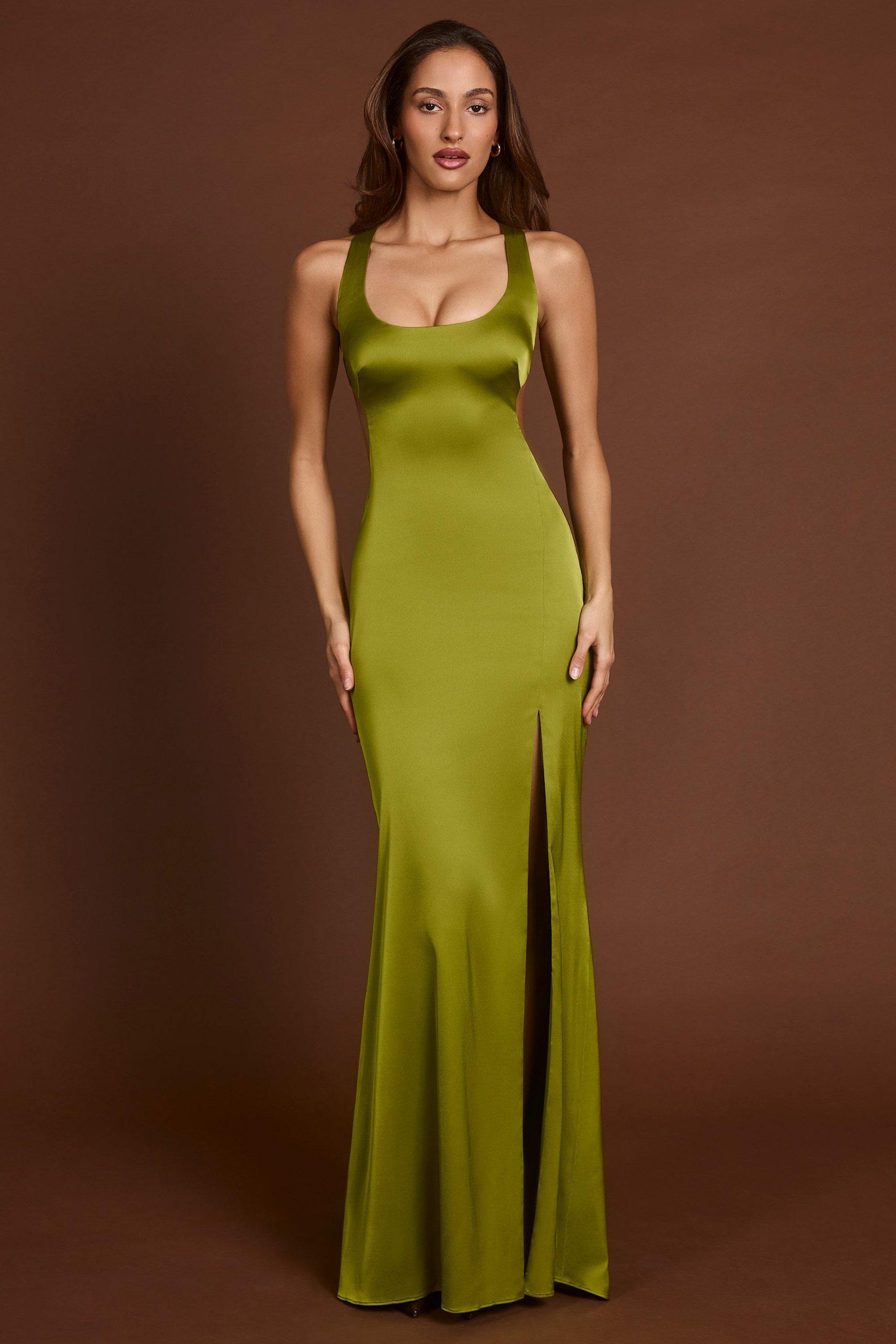 Scoop-Neck Lace-up Back Maxi Dress in Olive Green - Image 5