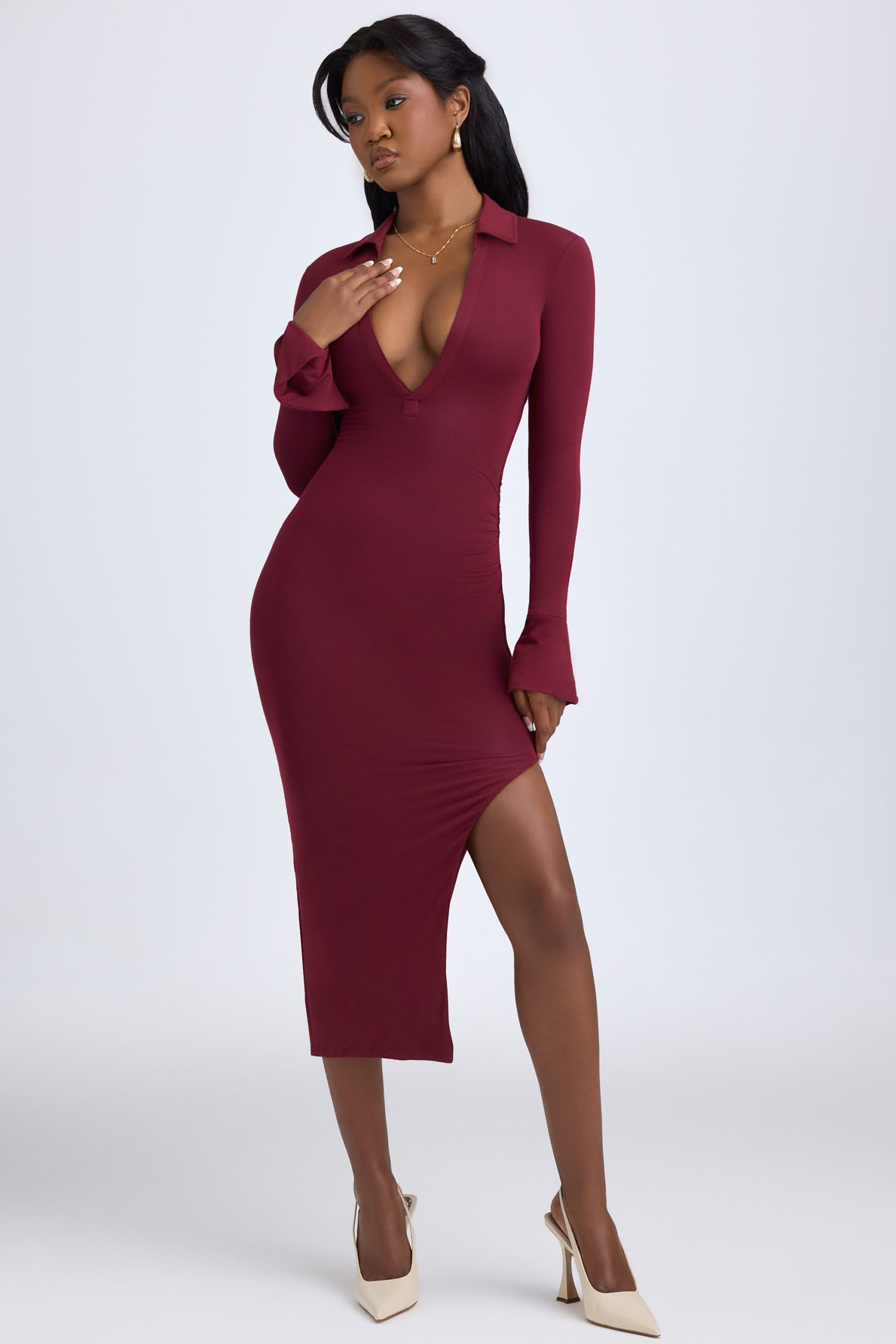 Modal Plunge V-Neck Midaxi Dress in Wine Red - Image 5