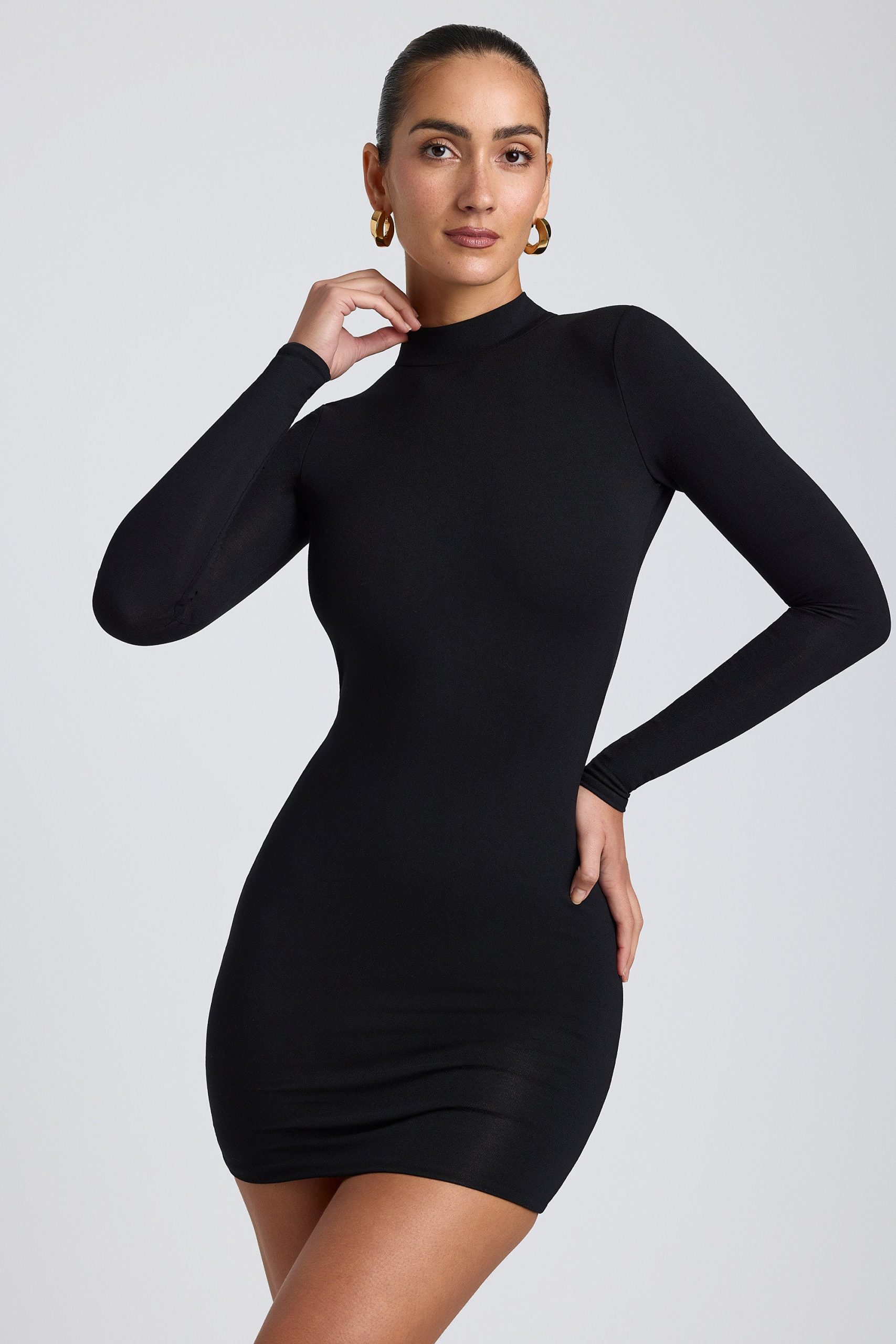 Modal Open-Back Long-Sleeve Mini Dress in Black - Image 5