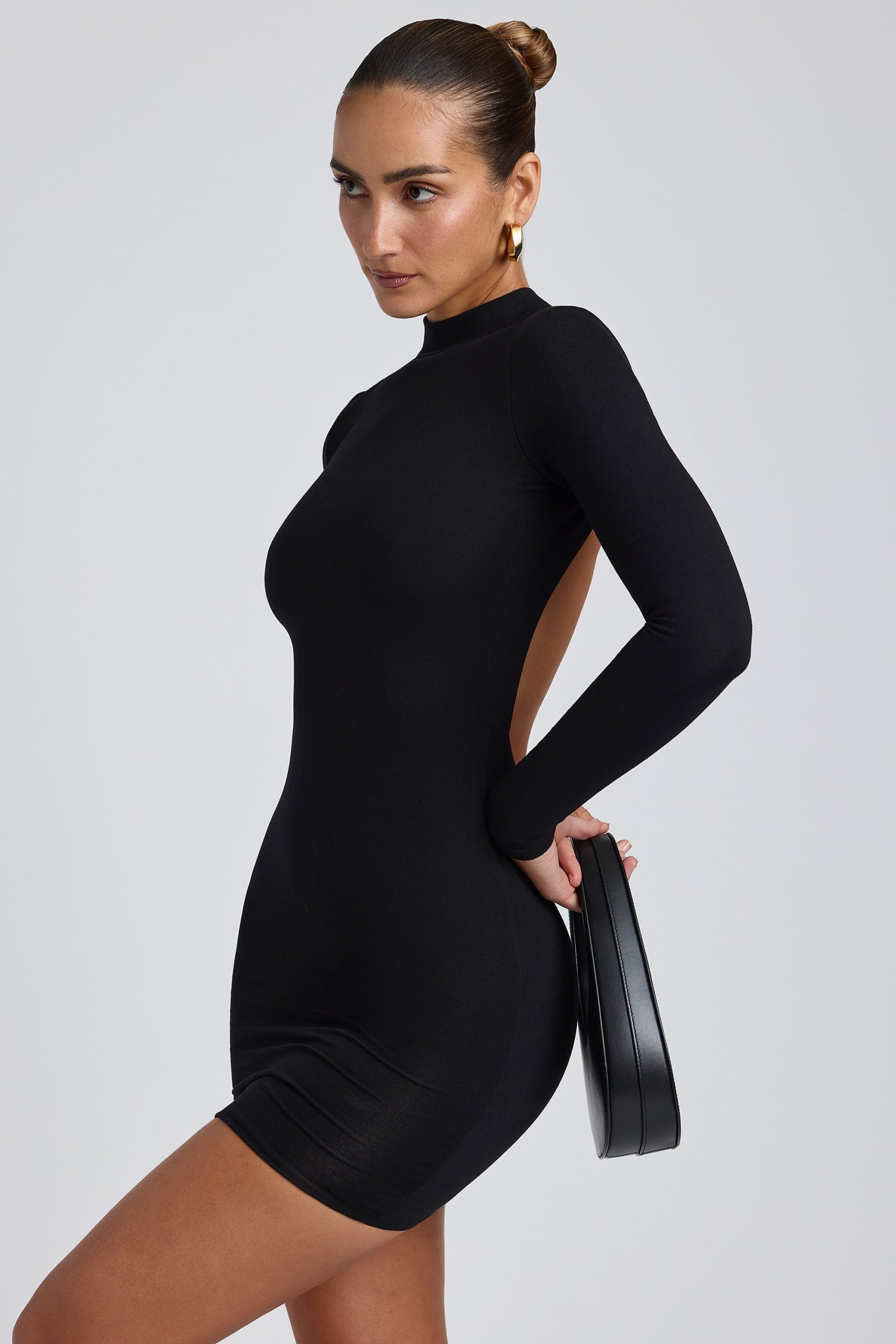 Modal Open-Back Long-Sleeve Mini Dress in Black - Image 8